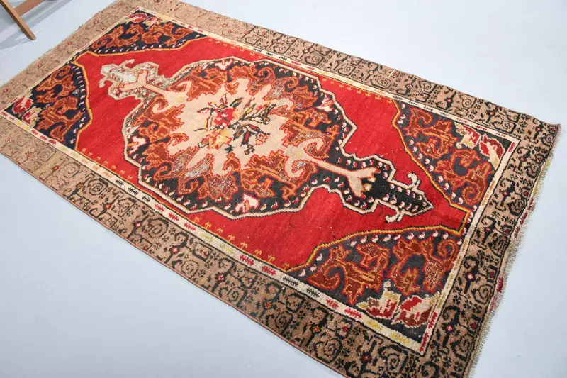 Oushak Türk Halısı, 3.8x7.3 ft Vintage Halı, Kırmızı Güneybatı Yün Halı - 1