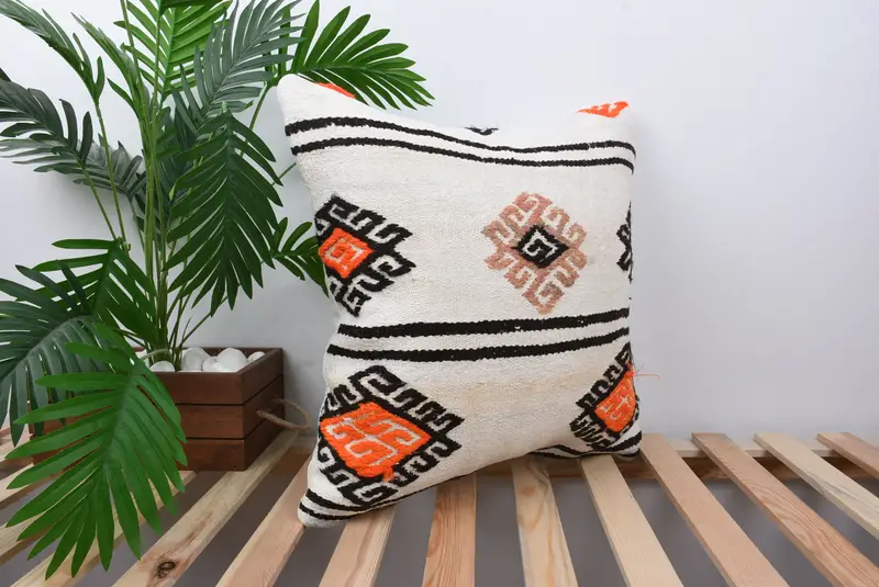 Oriental Cushion, 20x20 White Pillow, Vintage Cushion, Boho Pillow Sham Cover, Pillow Cover, Ethnical Kilim Rug Pillow, Boho Pillow - 4