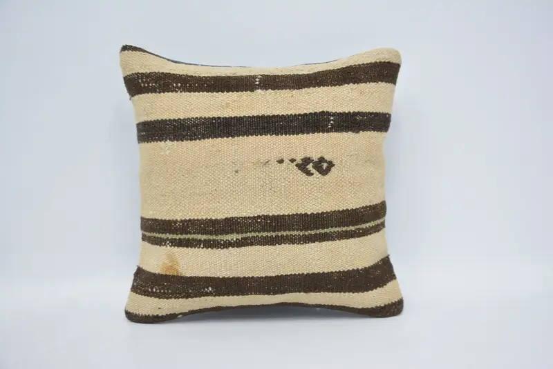 Vintage Pillow, Cushion Cover, Ethnical Kilim Rug Pillow, Accent Pillow Sham, Christmas Cushion, 14x14 Beige Pillow Case, Turkish Pillow - 1