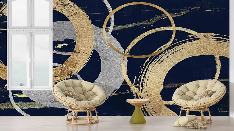 Goldwandabziehbilder, Schichtpapierkunst, Gold- und Silberringe Wandbild, modern - 1