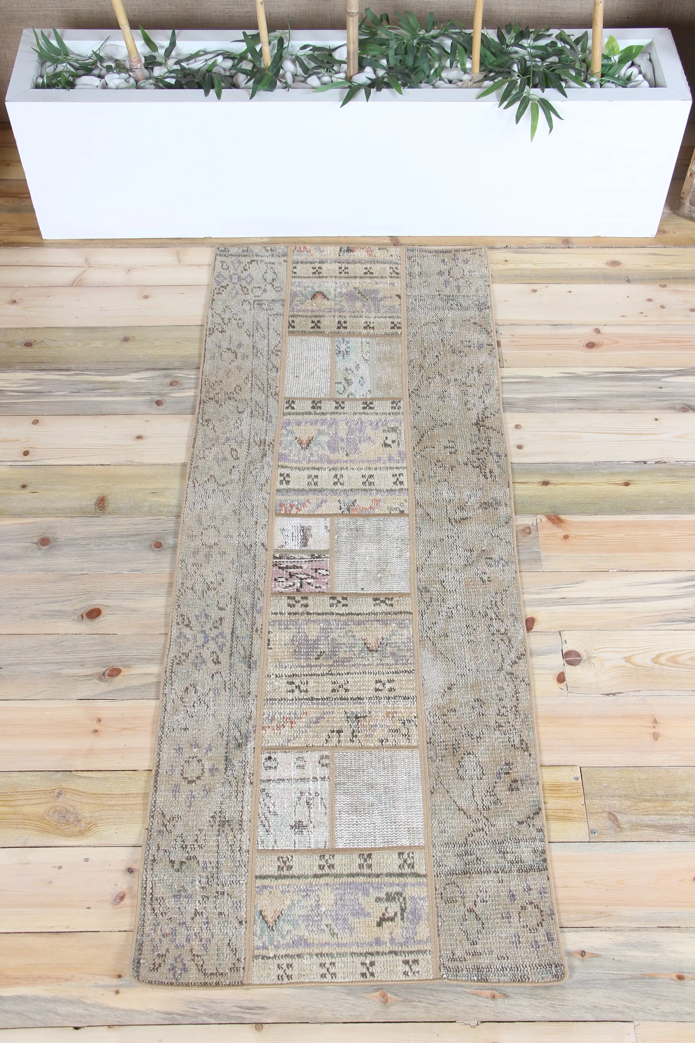 Vintage Turkish Runner Rug 2.3x5.9 ft (70x180 cm), Beige Floral Patchwork Rug - 1