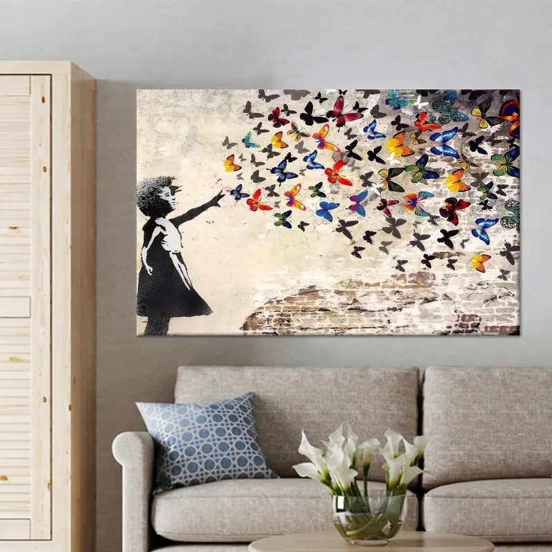 Impresión moderna en lienzo con graffiti de mariposas y chicas de Banksy para habitaciones de ensueño