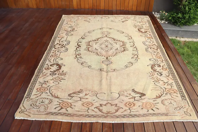 Oushak Halı, 6x8.5 ft Türk Halısı, Kahverengi Çizgili Halı Yünü - 1