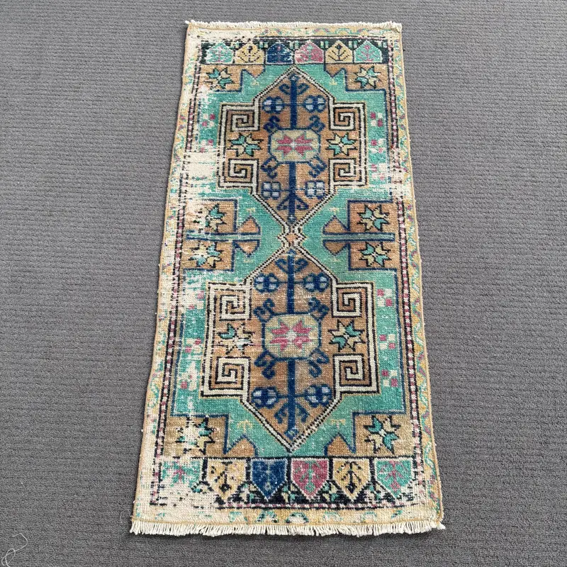 Vintage Small Rug 0.1x3.4 ft, Turkish Oushak Blue Floral Wool Rug - 1