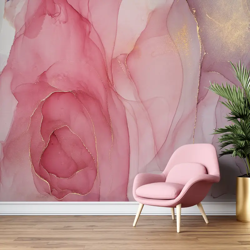 Lüks Dekor için Zarif Pembe Ve Altın Mermer Baskılı Duvar Kağıdı
