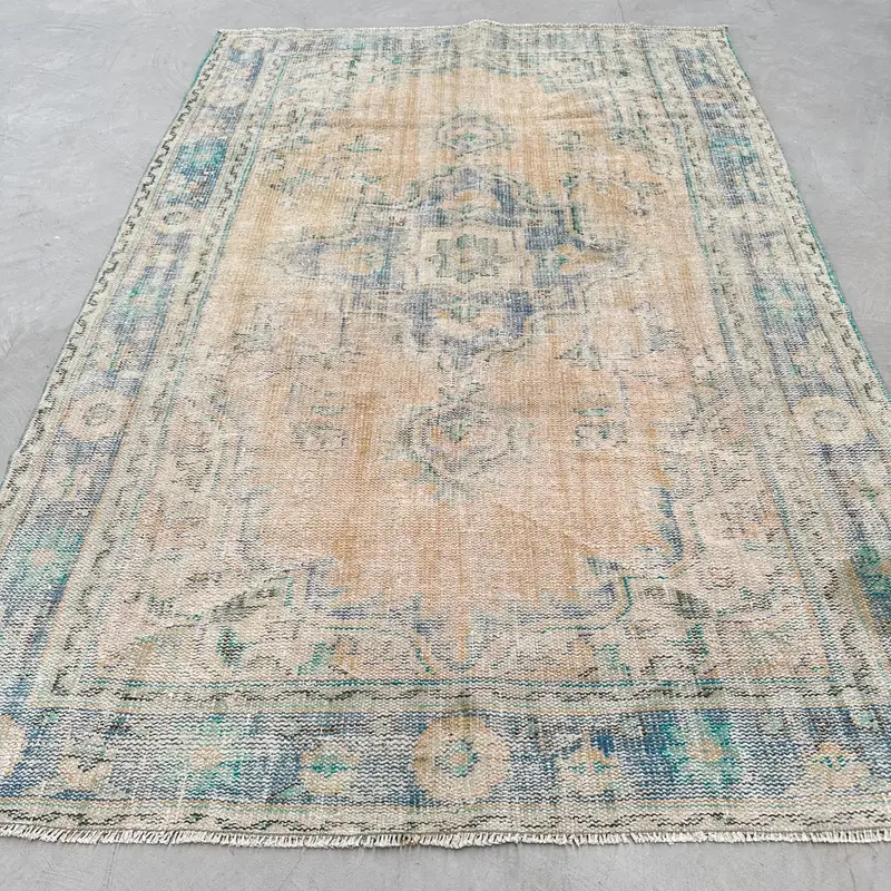 Turkish 5.6x8.3 ft Rug, Oushak Vintage Rug, Blue Polka dot Wool Rug - 1