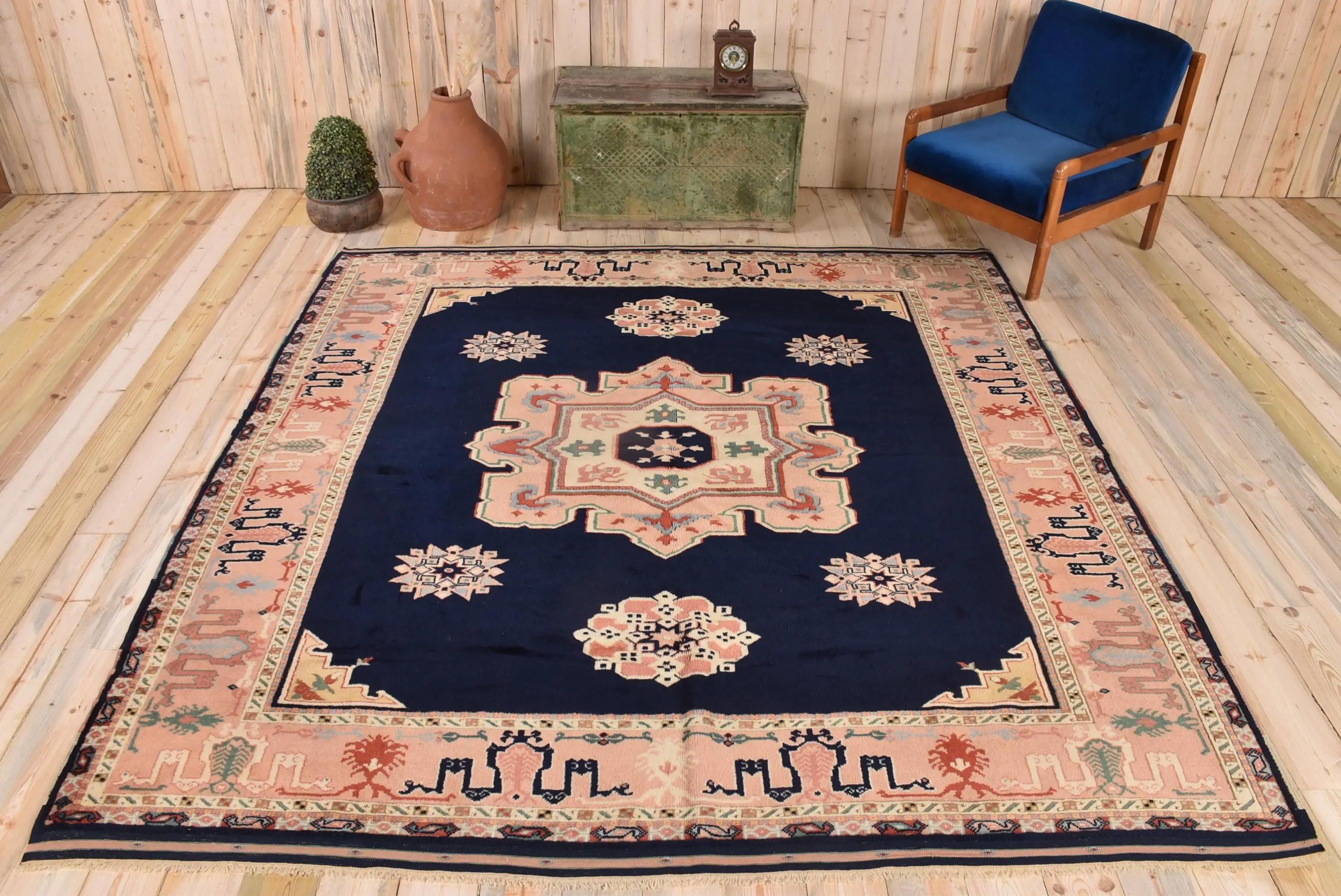 Vintage Large Rug, 8x8.5 ft Turkish Rug, Blue Camouflage Wool Rug - 1