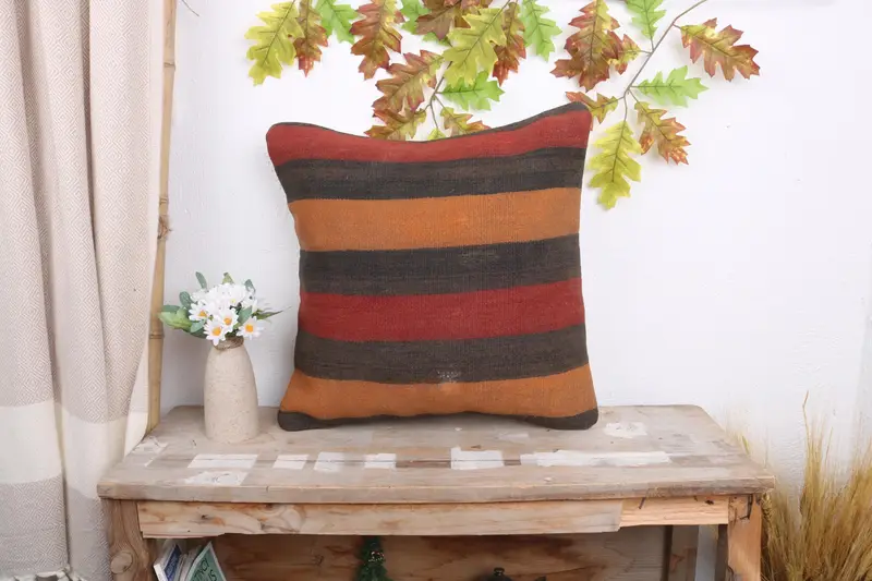 Kilim Pillow, 18x18 Orange Cushion Case, Outdoor Cushion Cover, Cushion, Antique Pillows, Square Throw Pillow Sham, Boho Pillow Sham Cover - 1