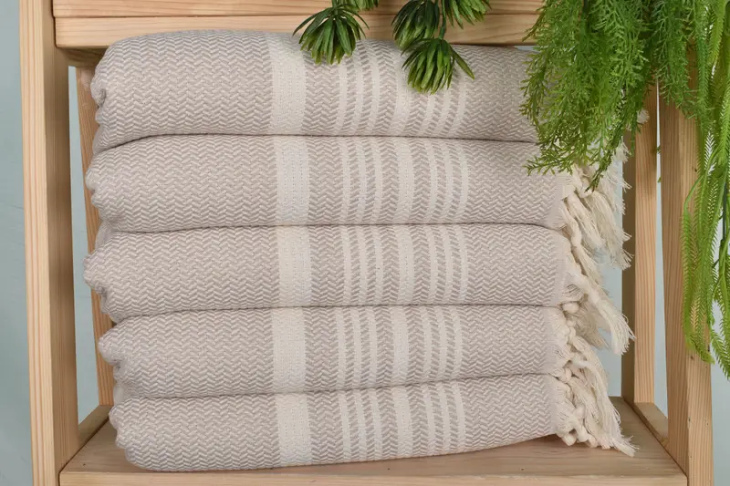 Beige Cotton Dish Towel Hand Towel, Striped, 18x40 Inches