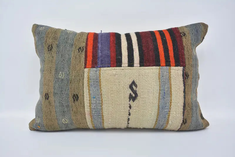 El yapımı yastık kasası, yastık kapağı, destek yastığı kapağı, 16x24 bej yastık, etnik Kilim halı yastığı, boho yastığı, antika yastıklar - 1