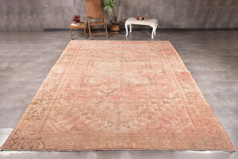 Vintage Halı, 9.4x12.6 ft Türk Halısı, Pembe Kahverengi Çiçekli Yün Halı - 1