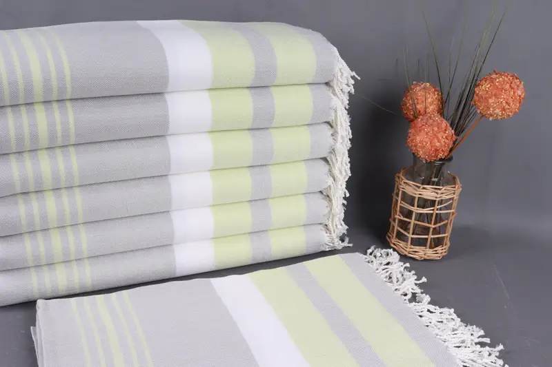 Organic Beach Towel Gray-Pistachio Green Striped, 40x75 Inches