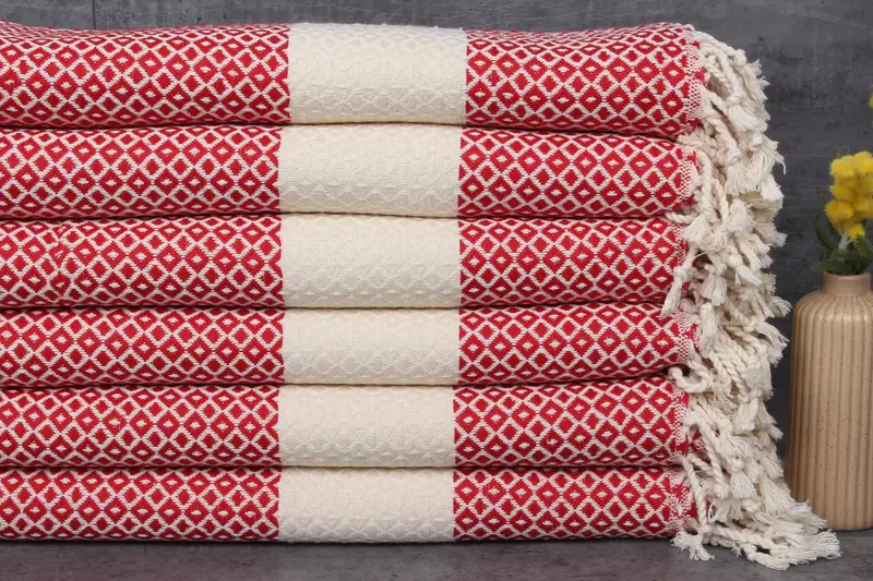 Custom Red Striped Towel, Organic Cotton, 40x71 Inches, Bridal Party Gift