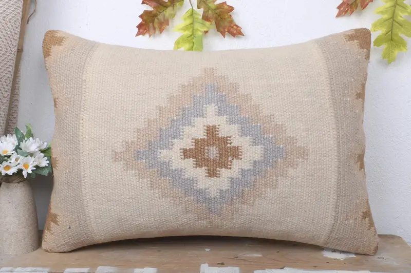 Pillow Case, Handmade Kilim Cushion, Anatolian Pillow, Pet Pillow, Pillow for Sofa, 16x24 Beige Pillow Cover, Turkish Pillow, Bright Cushion Case - 2