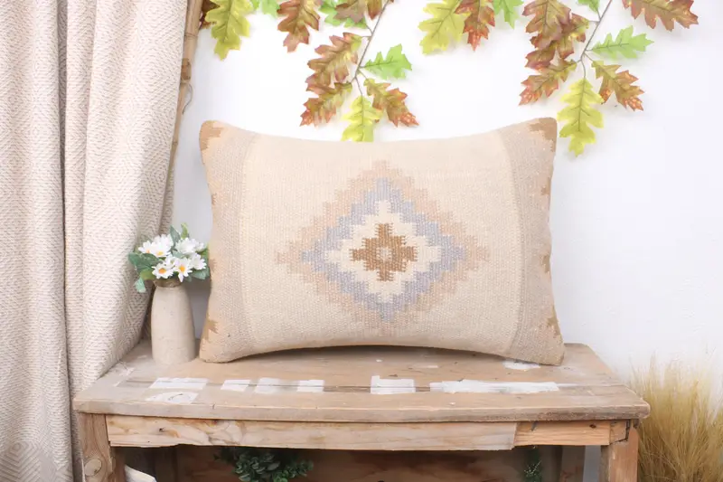 Pillow Case, Handmade Kilim Cushion, Anatolian Pillow, Pet Pillow, Pillow for Sofa, 16x24 Beige Pillow Cover, Turkish Pillow, Bright Cushion Case - 1