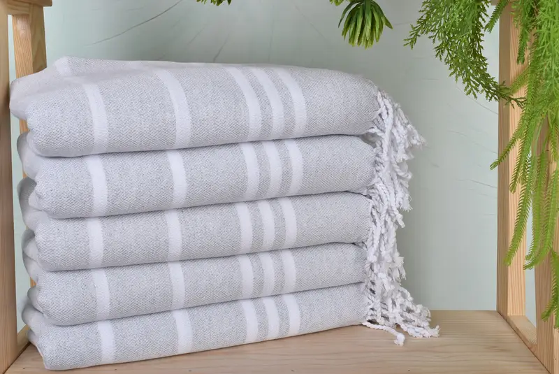 Beach Towel Light Gray Cotton Striped, Rustic, 40x71 Inches