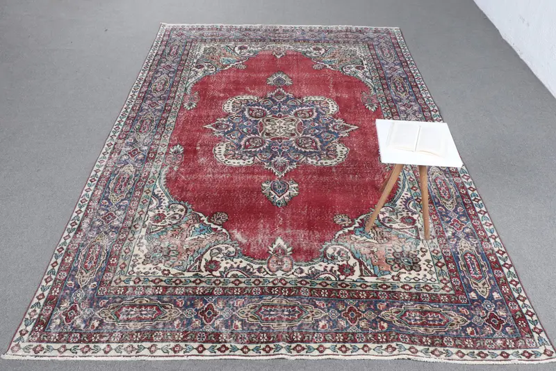 Handmade Red Oriental Rug, 0.6x10.3 ft with Blue Accents