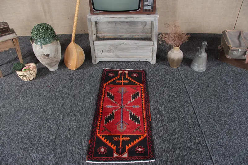 1.7x3.9 ft Turkish Small Rug, Red Black Vintage Ikat Wool Rug - 1
