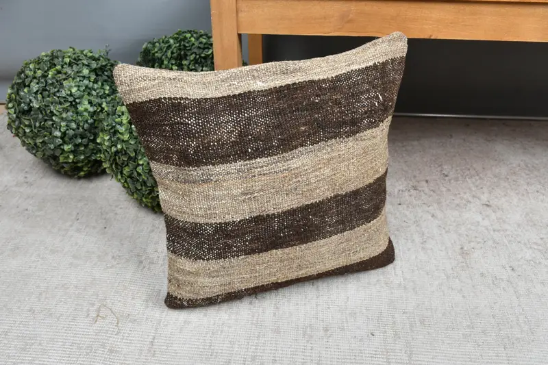 Vintage Pillow, Pillow Cover, Patio Pillow Sham, Handmade Rug Seat Cushion Case, Kilim Pillow, Boho Pillow Sham Cover, 16x16 Brown Cushion Cover - 7