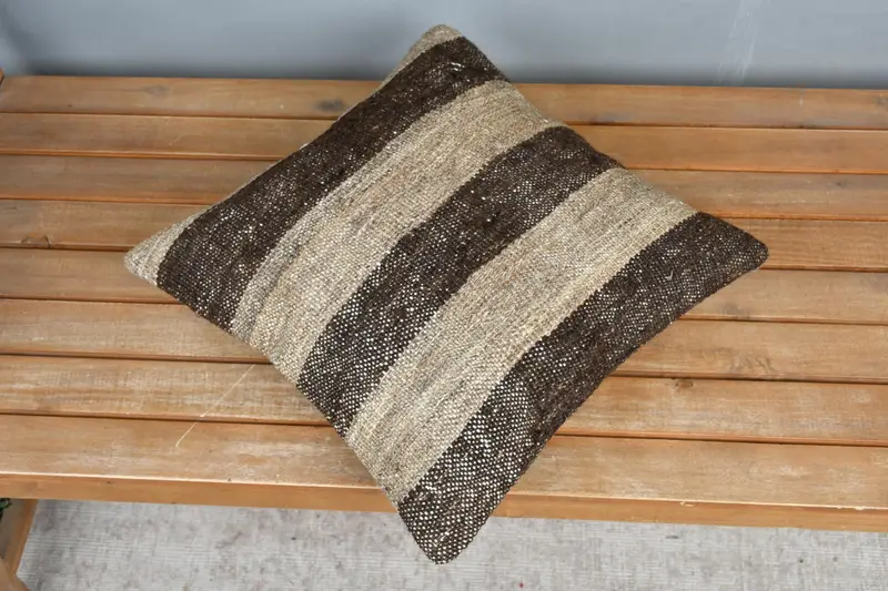 Vintage Pillow, Pillow Cover, Patio Pillow Sham, Handmade Rug Seat Cushion Case, Kilim Pillow, Boho Pillow Sham Cover, 16x16 Brown Cushion Cover - 2