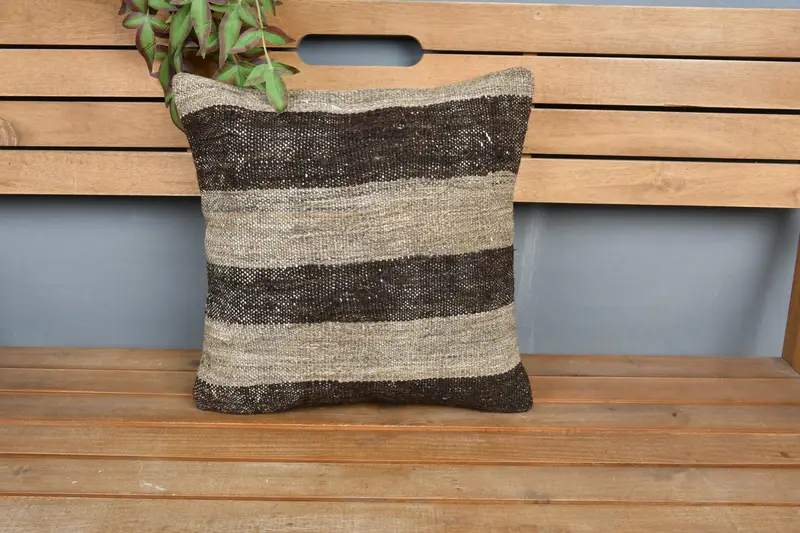 Vintage Pillow, Pillow Cover, Patio Pillow Sham, Handmade Rug Seat Cushion Case, Kilim Pillow, Boho Pillow Sham Cover, 16x16 Brown Cushion Cover - 6