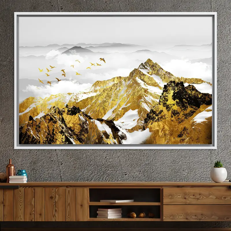 Moderne skandinavische Bergleinwand: Abstrakter Gold-Kunstdruck
