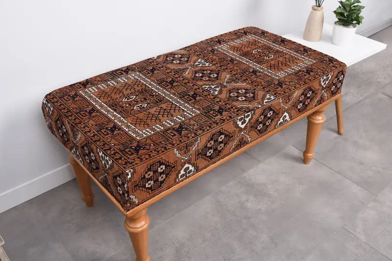 Bohemian Brown Ottoman with Kilim-Inspired Pattern, Ottoman