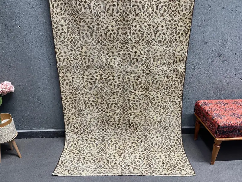 4.1x7.5 ft Oushak Rug, Vintage Turkish Rug, Brown White Ombré Rug - 1