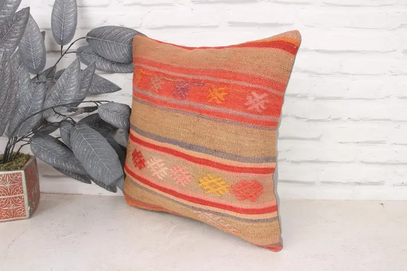 Office Chair Pillow Case, 16x16 Orange Pillow Cover, Ikat Pillow Case, Pillow Sham, Interior Designer Pillow, Pillow for Couch, Throw Kilim Pillow - 4
