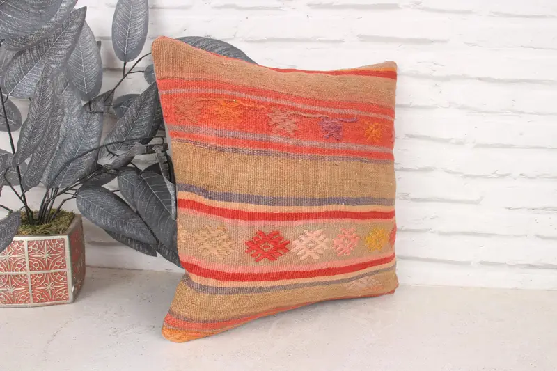 Office Chair Pillow Case, 16x16 Orange Pillow Cover, Ikat Pillow Case, Pillow Sham, Interior Designer Pillow, Pillow for Couch, Throw Kilim Pillow - 3
