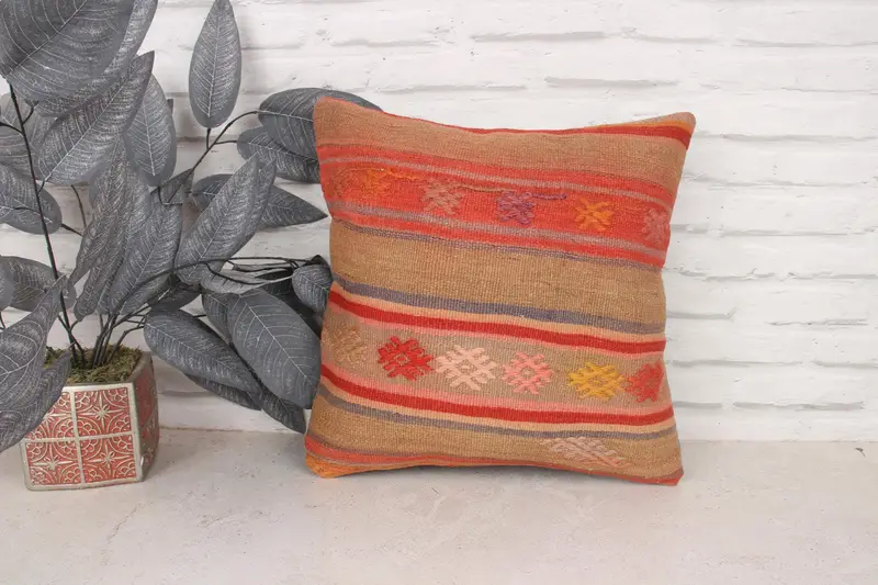 Office Chair Pillow Case, 16x16 Orange Pillow Cover, Ikat Pillow Case, Pillow Sham, Interior Designer Pillow, Pillow for Couch, Throw Kilim Pillow - 1