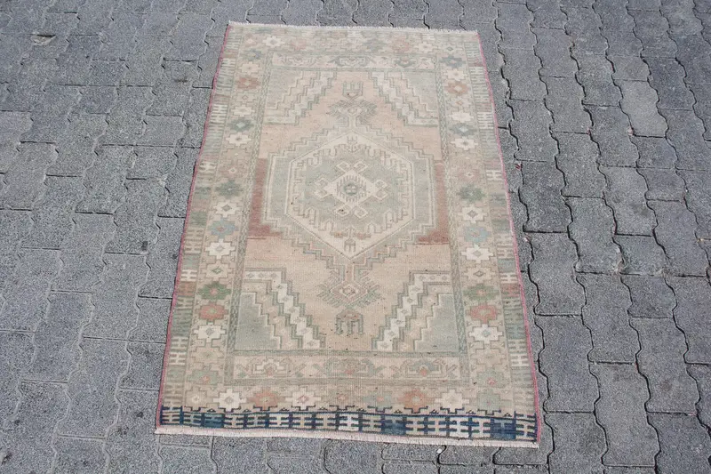 Vintage Rug, Small 2.5x3.8 ft Turkish Rug, Blue Green Polka dot Wool Rug - 1