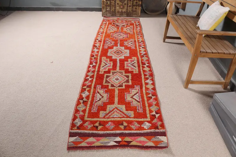 Turuncu ve Sarı Halı, 2,5x10,2 ft Geometrik Çiçek Desenli