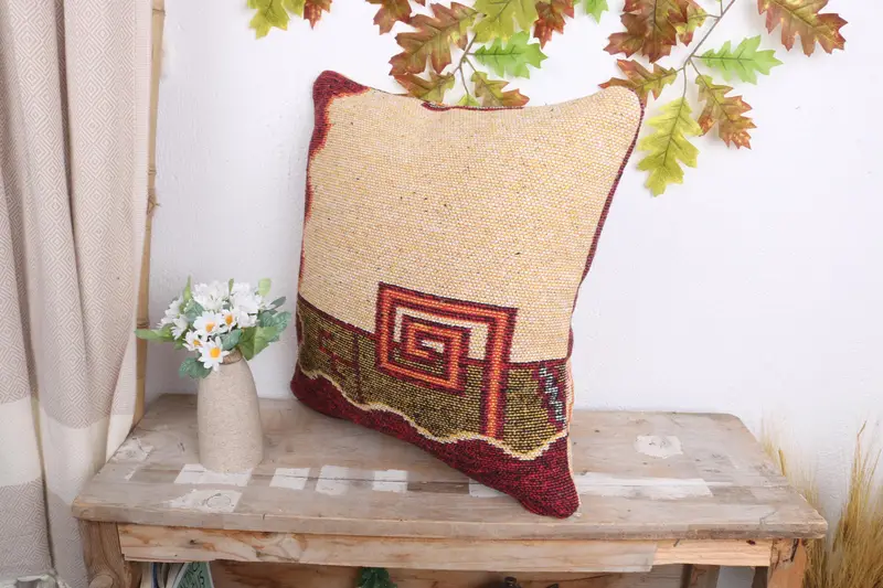18x18 Yellow Pillow, Vintage Kilim Pillow, Kilim Cushion Sham, Handmade Throw Pillow Case, Handmade Kilim Cushion, Cushion, Neutral Pillow Case - 4
