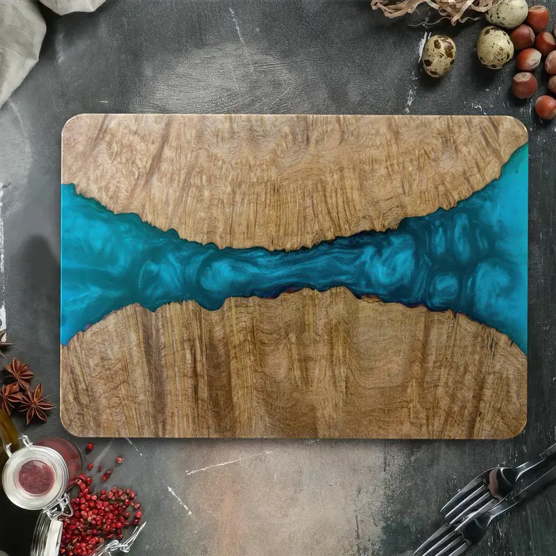 Ahşap Damar Desenli Mavi Reçine İnfüzyonlu Cam Kesme Tahtası