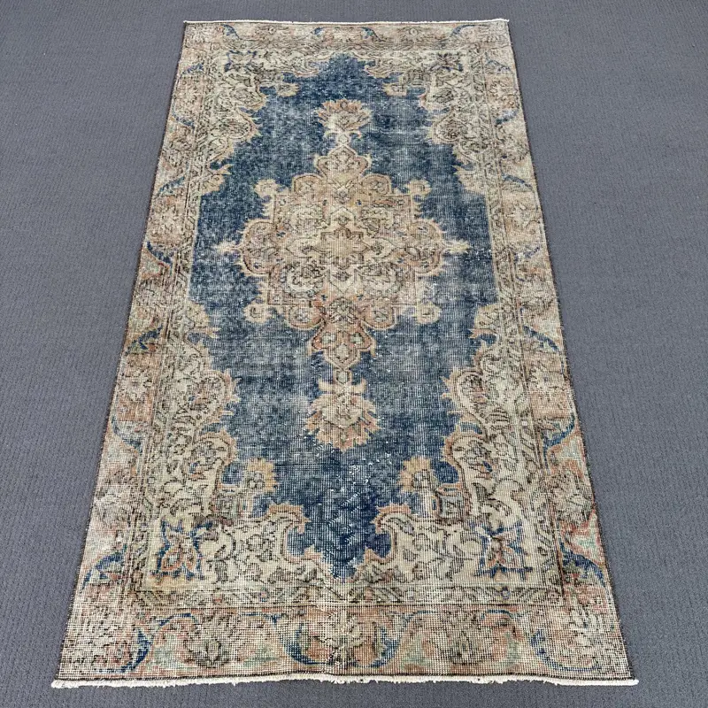 Alfombra de rayas azules y naranjas, diseño geométrico de 3,4x6,5 pies