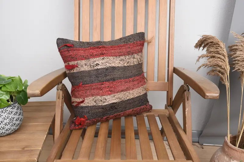 Red Throw Cushion Case, Handwoven 40x40 cm Pillow Cover, Gift Striped Cushion - 1