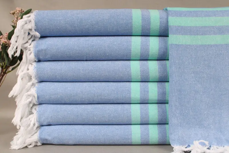 Custom Beach Towel Green-Blue Striped, Organic Turkish Cotton, 36x71 Inches