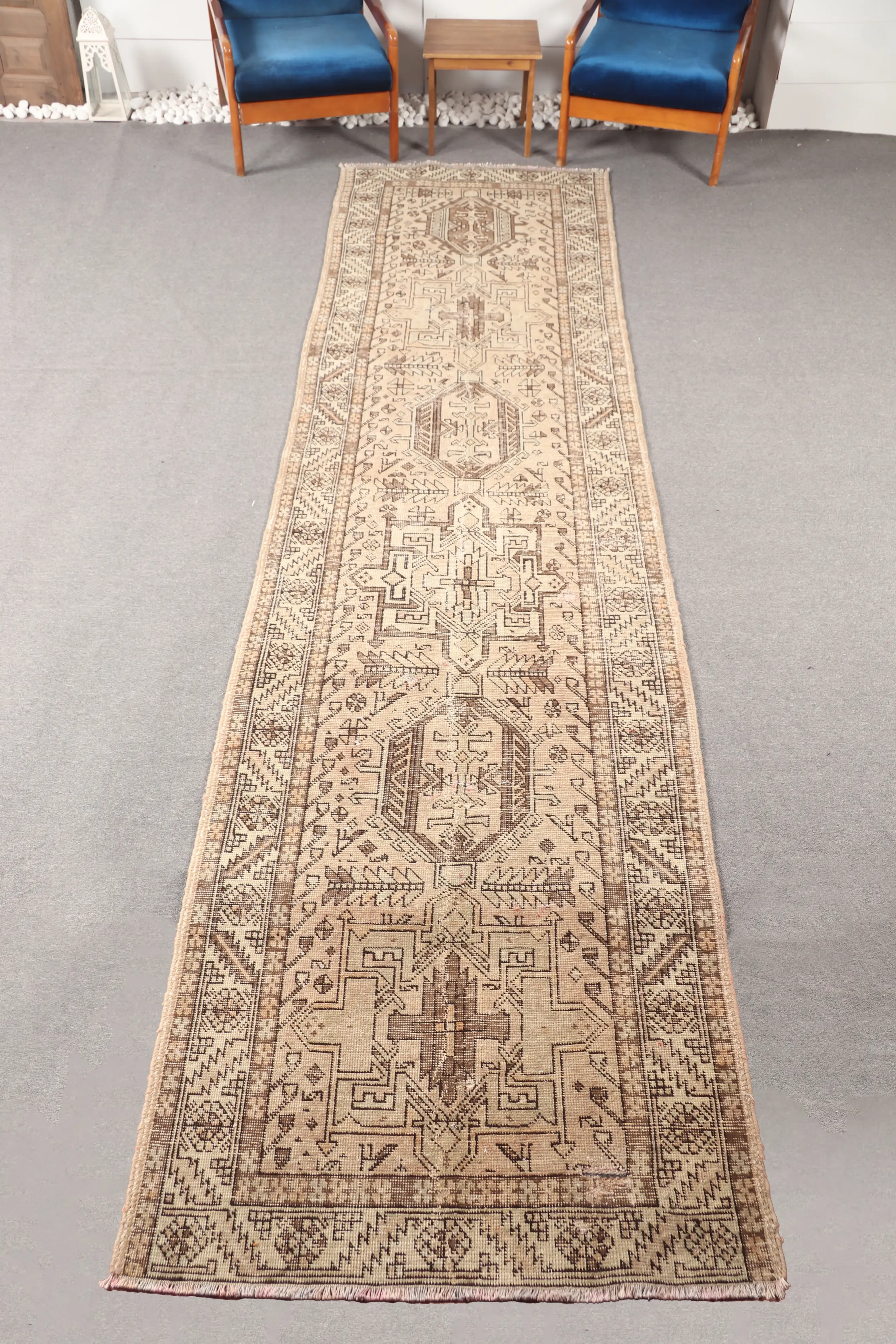 Vintage 3.5x13.7 ft Rug, Small Turkish Rug, Brown Beige Geometric Rug - 1