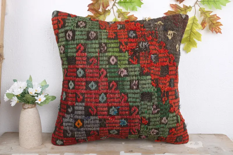 Nautical Throw Cushion Case, Kilim Pillow, Bolster Pillow, Pillow Sham, 18x18 Red Pillow Cover, Turkish Kilim Pillow, Ethnical Kilim Rug Pillow - 2