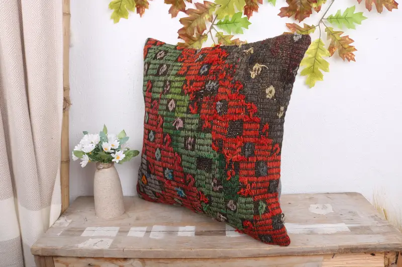 Nautical Throw Cushion Case, Kilim Pillow, Bolster Pillow, Pillow Sham, 18x18 Red Pillow Cover, Turkish Kilim Pillow, Ethnical Kilim Rug Pillow - 4