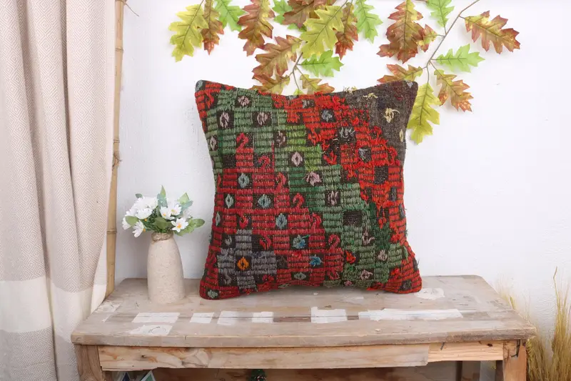 Nautical Throw Cushion Case, Kilim Pillow, Bolster Pillow, Pillow Sham, 18x18 Red Pillow Cover, Turkish Kilim Pillow, Ethnical Kilim Rug Pillow - 1