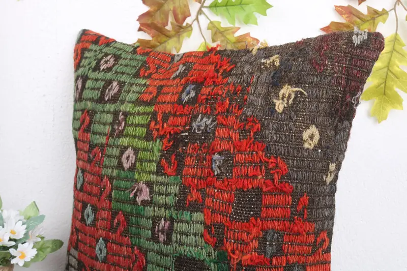Nautical Throw Cushion Case, Kilim Pillow, Bolster Pillow, Pillow Sham, 18x18 Red Pillow Cover, Turkish Kilim Pillow, Ethnical Kilim Rug Pillow - 5