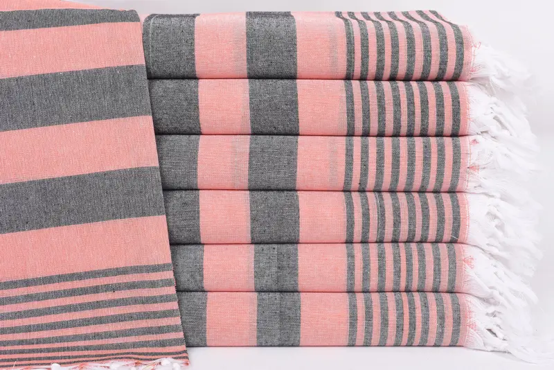 Personalized Turkish Towel, Black-Coral Striped, Organic Cotton, 67x36 Inches