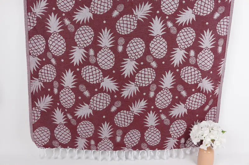 Bridesmaid Gift Towel Burgundy Cotton, Pineapple Design, 36x71 Inches