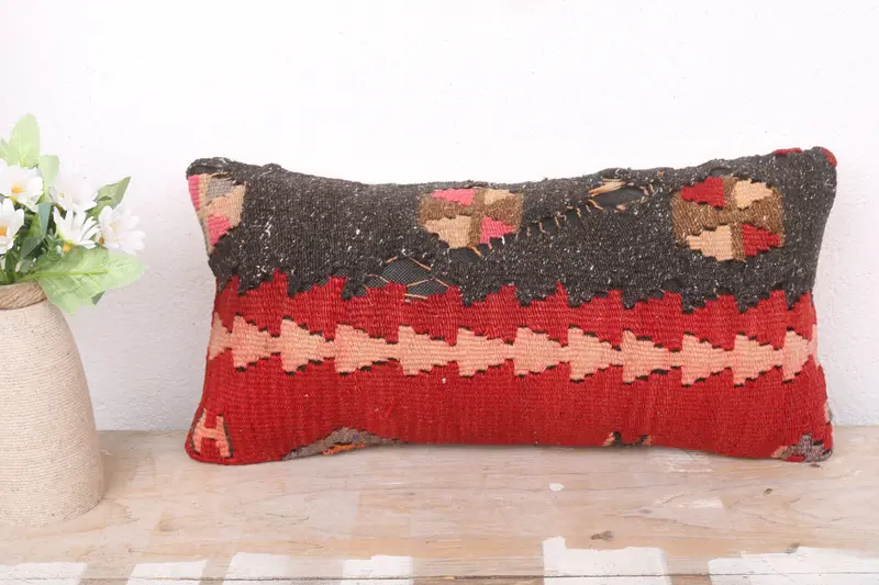Kilim Cushion Sham, Patio Pillow Case, Cozy Throw Pillow Cover, Kilim Pillow, 8x16 Red Pillow, Ikat Cushion, Pillow Cover, Interior Designer Pillow - 2