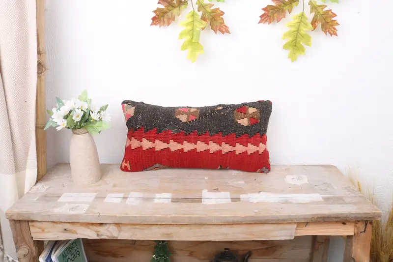 Kilim Cushion Sham, Patio Pillow Case, Cozy Throw Pillow Cover, Kilim Pillow, 8x16 Red Pillow, Ikat Cushion, Pillow Cover, Interior Designer Pillow - 1