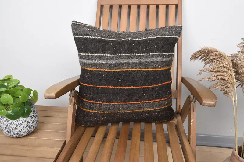Throw Striped Wool Pillowcase, Moroccan 20x20 inch Brown Cushion - 1