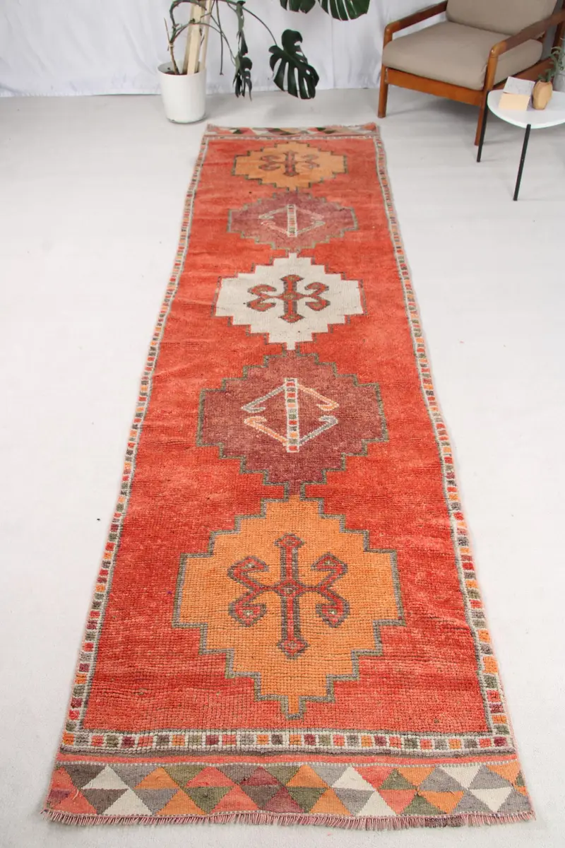 3.37x12.4 ft Herki Türk Halısı, Kırmızı Bitkiler ve ağaçlar Vintage Halı Yün - 1