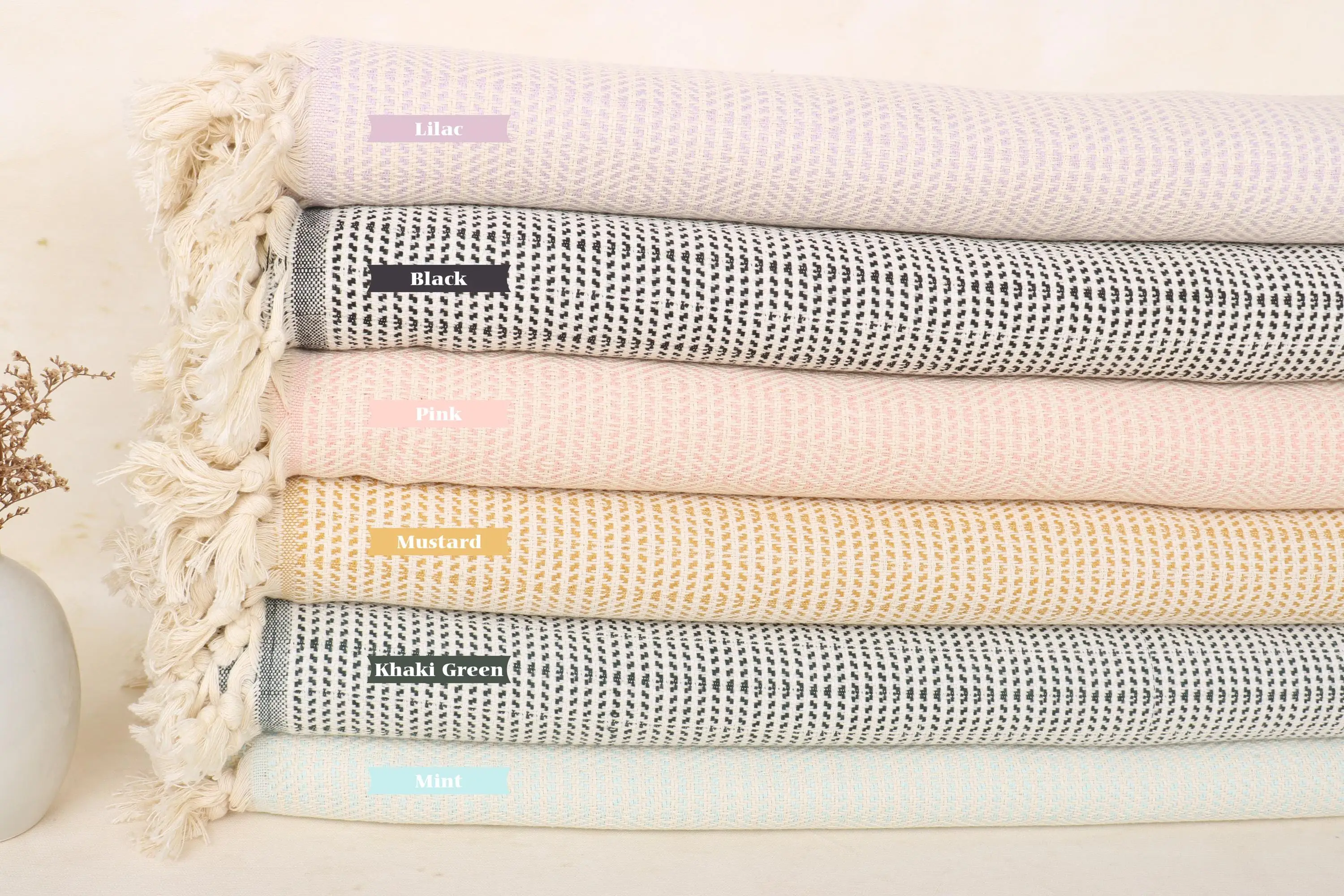 Woven Throw Blanket Geometric Cotton Beige Plants & Trees, 75x91 Inches - 1